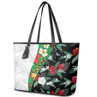 Hawaiian Tropical Flowers and Leaves Leather Tote Bag on Leopard Pattern Half Style White-Black Version - Polynesian Pride