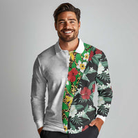 Hawaiian Tropical Flowers and Leaves Long Sleeve Polo Shirt on Leopard Pattern Half Style White-Black Version - Polynesian Pride