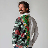 Hawaiian Tropical Flowers and Leaves Long Sleeve Polo Shirt on Leopard Pattern Half Style White-Black Version - Polynesian Pride