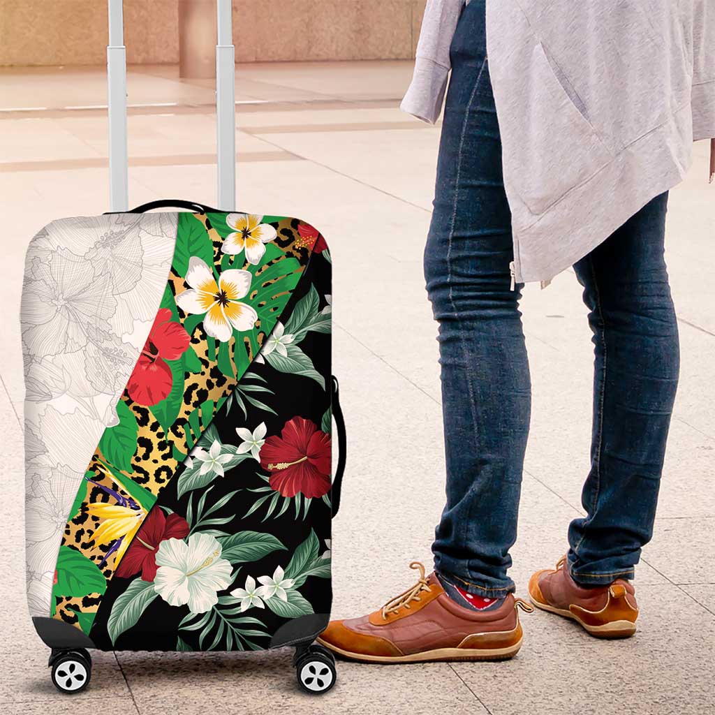 Hawaiian Tropical Flowers and Leaves Luggage Cover on Leopard Pattern Half Style White-Black Version - Polynesian Pride