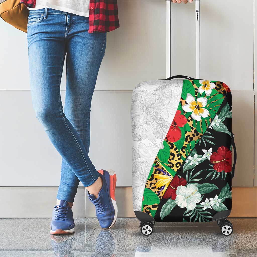 Hawaiian Tropical Flowers and Leaves Luggage Cover on Leopard Pattern Half Style White-Black Version - Polynesian Pride
