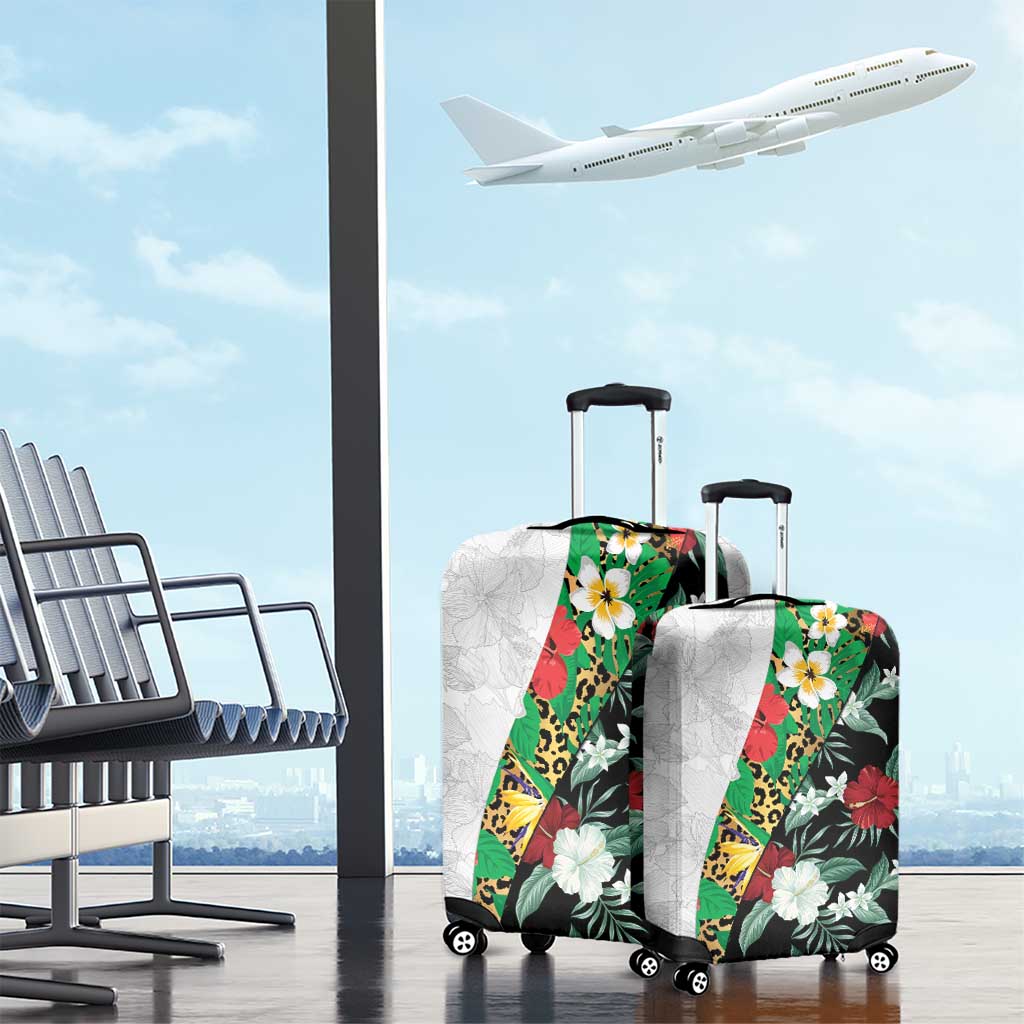 Hawaiian Tropical Flowers and Leaves Luggage Cover on Leopard Pattern Half Style White-Black Version - Polynesian Pride