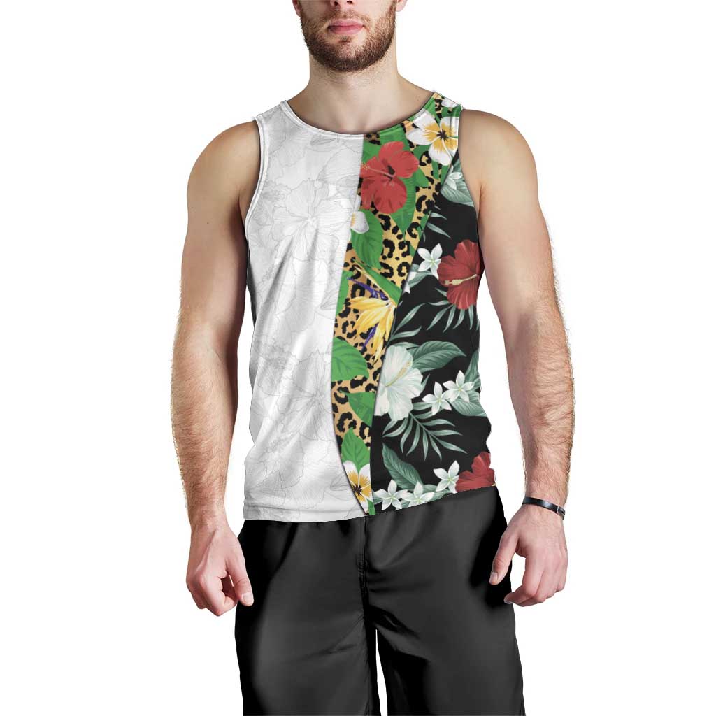 Hawaiian Tropical Flowers and Leaves Men Tank Top on Leopard Pattern Half Style White-Black Version - Polynesian Pride