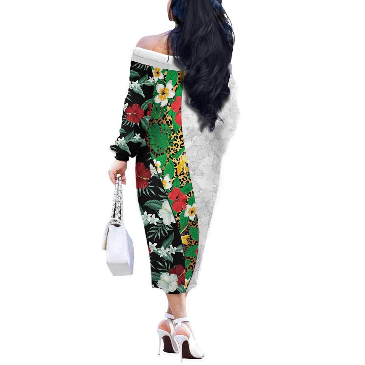 Hawaiian Tropical Flowers and Leaves Off The Shoulder Long Sleeve Dress on Leopard Pattern Half Style White-Black Version - Polynesian Pride