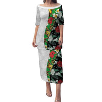 Hawaiian Tropical Flowers and Leaves Puletasi on Leopard Pattern Half Style White-Black Version - Polynesian Pride