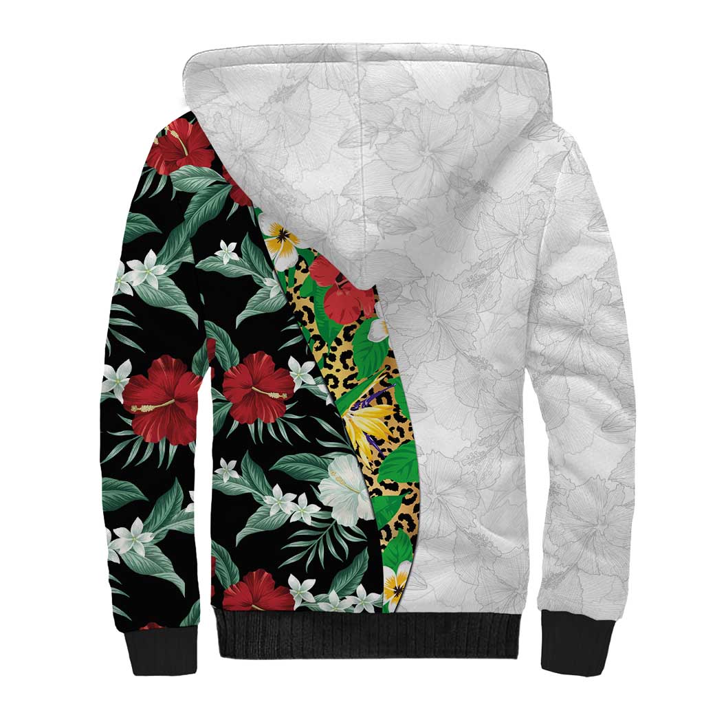 Hawaiian Tropical Flowers and Leaves Sherpa Hoodie on Leopard Pattern Half Style White-Black Version - Polynesian Pride