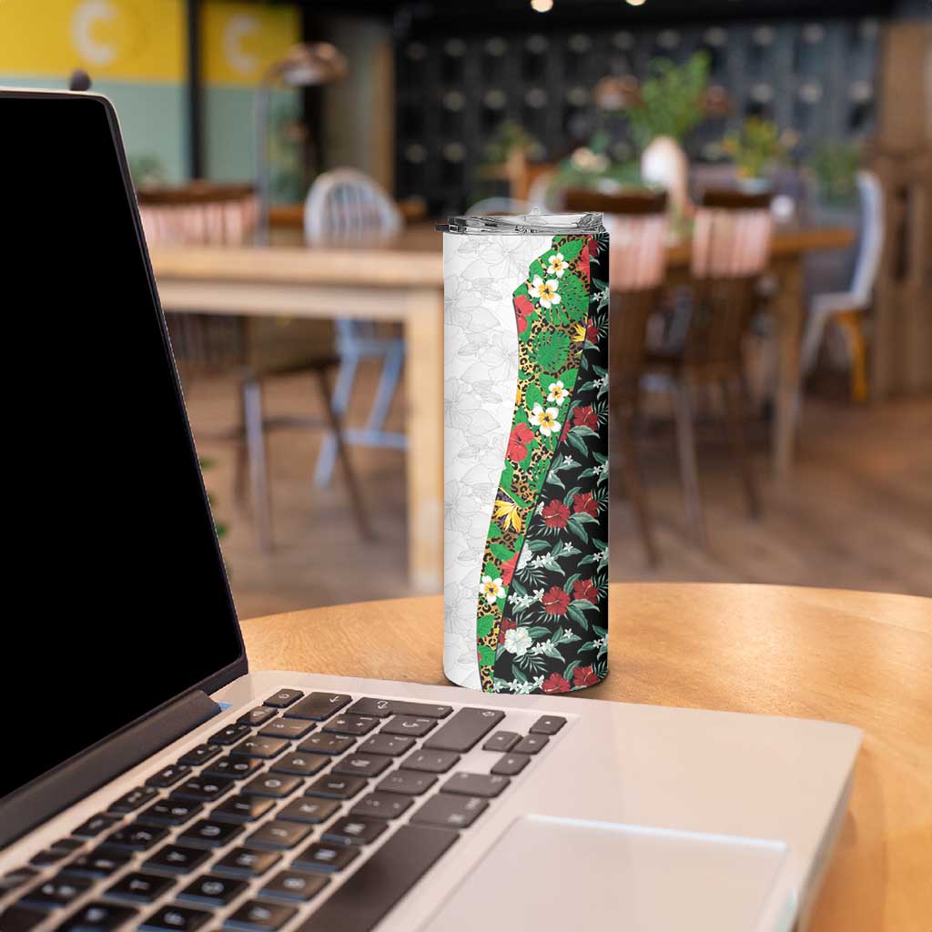Hawaiian Tropical Flowers and Leaves Skinny Tumbler on Leopard Pattern Half Style White-Black Version - Polynesian Pride