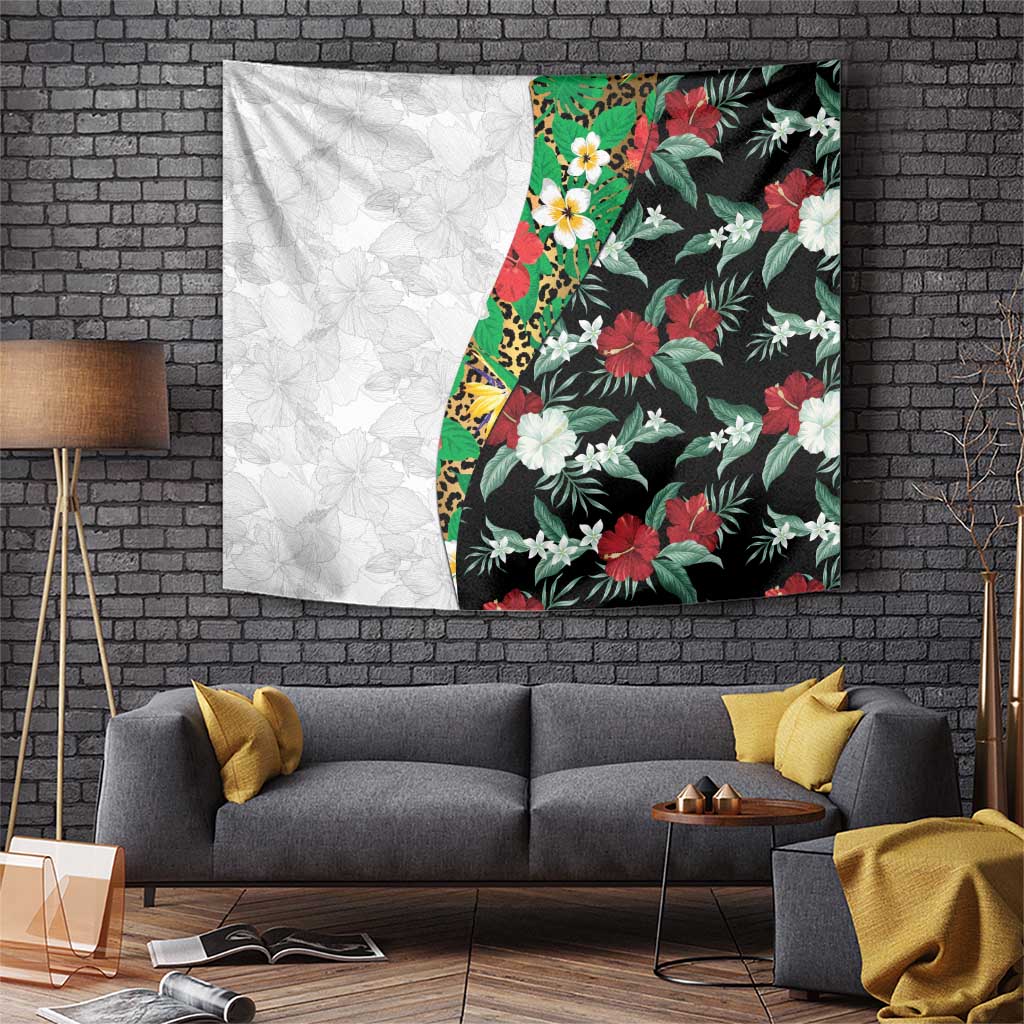 Hawaiian Tropical Flowers and Leaves Tapestry on Leopard Pattern Half Style White-Black Version - Polynesian Pride