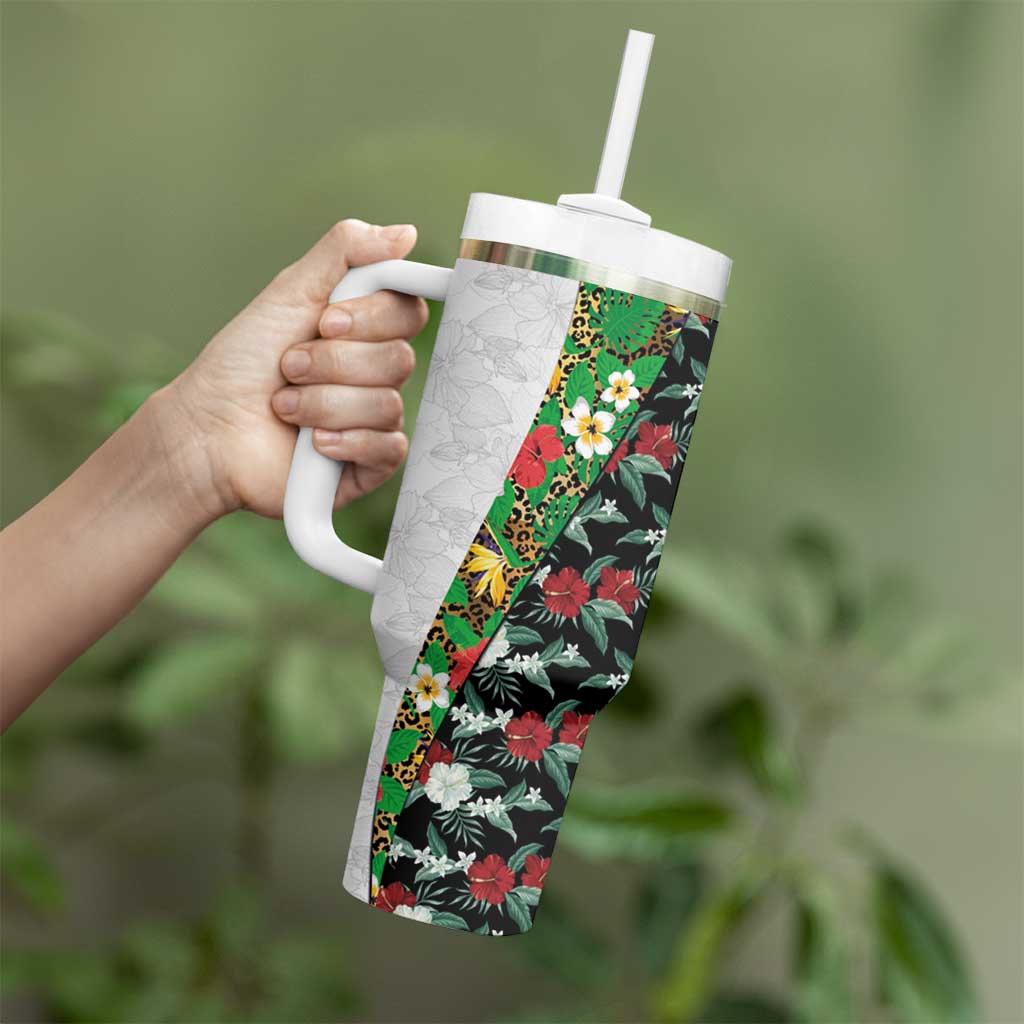Hawaiian Tropical Flowers and Leaves Tumbler With Handle on Leopard Pattern Half Style White-Black Version - Polynesian Pride