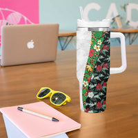 Hawaiian Tropical Flowers and Leaves Tumbler With Handle on Leopard Pattern Half Style White-Black Version - Polynesian Pride