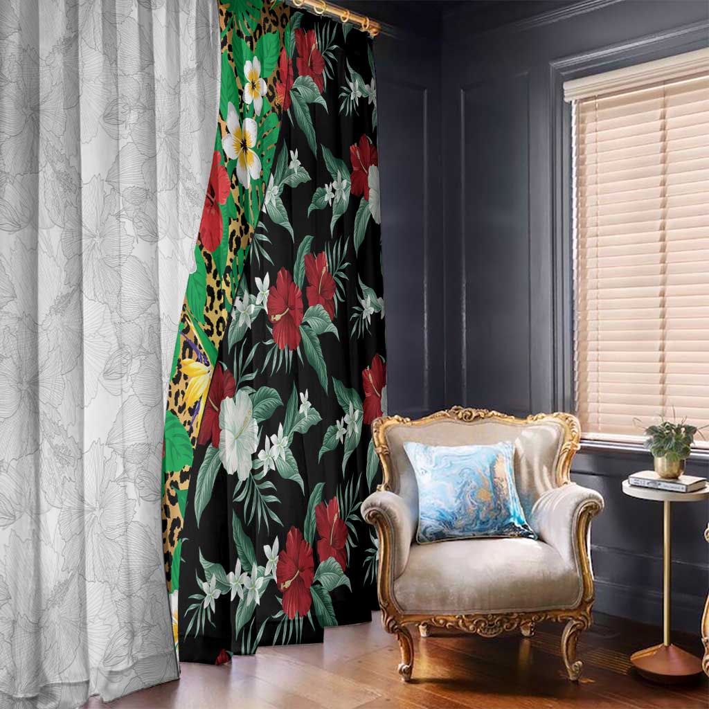 Hawaiian Tropical Flowers and Leaves Window Curtain on Leopard Pattern Half Style White-Black Version - Polynesian Pride