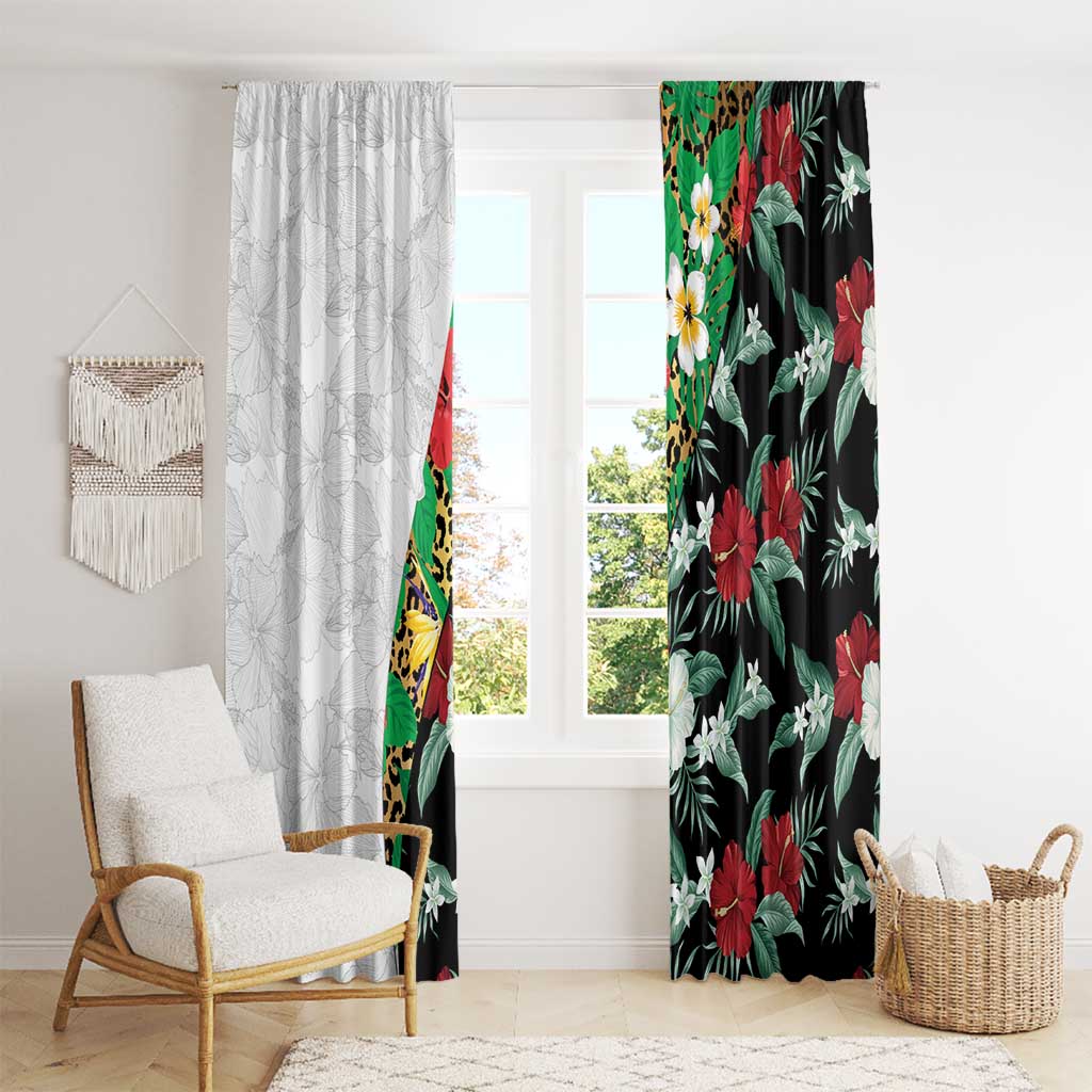 Hawaiian Tropical Flowers and Leaves Window Curtain on Leopard Pattern Half Style White-Black Version - Polynesian Pride