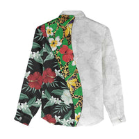 Hawaiian Tropical Flowers and Leaves Women Casual Shirt on Leopard Pattern Half Style White-Black Version - Polynesian Pride