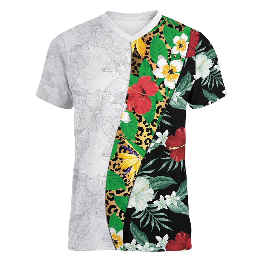 Hawaiian Tropical Flowers and Leaves Women V-Neck T-Shirt on Leopard Pattern Half Style White-Black Version - Polynesian Pride