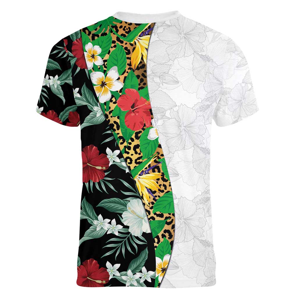 Hawaiian Tropical Flowers and Leaves Women V-Neck T-Shirt on Leopard Pattern Half Style White-Black Version - Polynesian Pride
