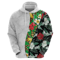 Hawaiian Tropical Flowers and Leaves Zip Hoodie on Leopard Pattern Half Style White-Black Version - Polynesian Pride