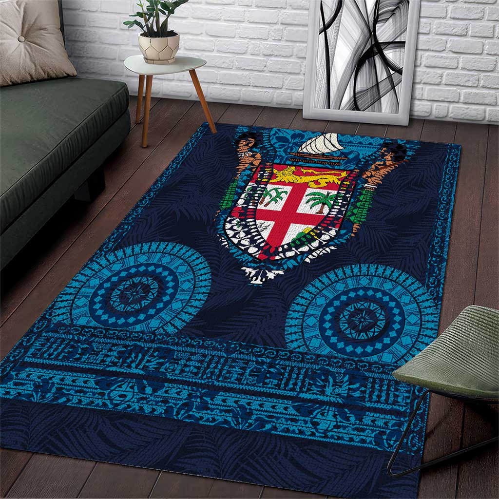 Fiji Coat of Arms Traditional Dashiki Area Rug Tapa Art and Palm Leaves Pattern Dark Navy Color - Polynesian Pride