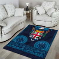 Fiji Coat of Arms Traditional Dashiki Area Rug Tapa Art and Palm Leaves Pattern Dark Navy Color - Polynesian Pride