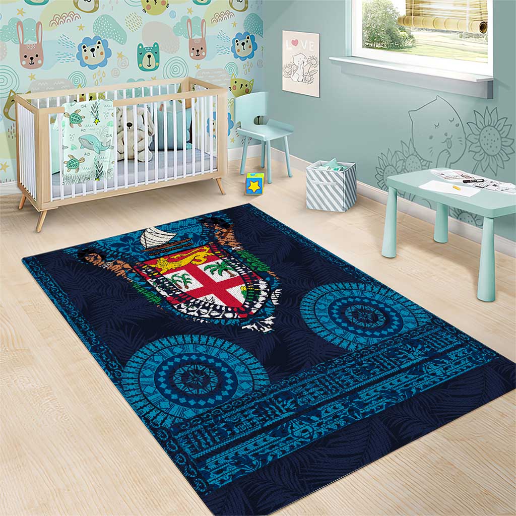 Fiji Coat of Arms Traditional Dashiki Area Rug Tapa Art and Palm Leaves Pattern Dark Navy Color - Polynesian Pride