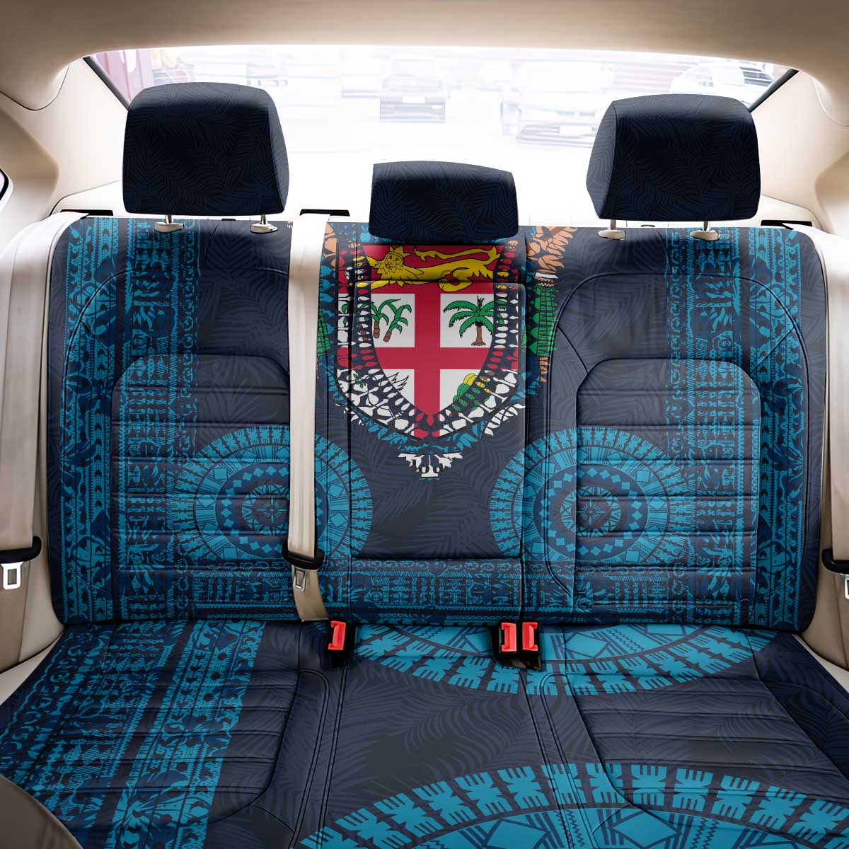 Fiji Coat of Arms Traditional Dashiki Back Car Seat Cover Tapa Art and Palm Leaves Pattern Dark Navy Color - Polynesian Pride