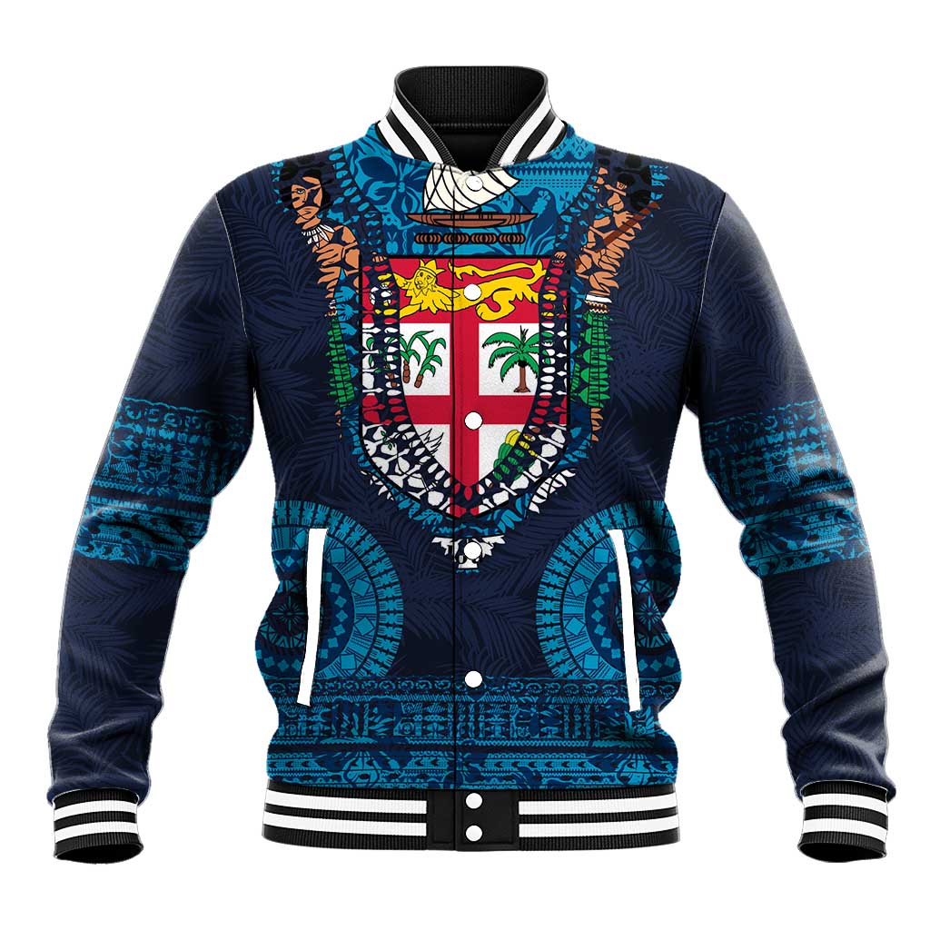 Fiji Coat of Arms Traditional Dashiki Baseball Jacket Tapa Art and Palm Leaves Pattern Dark Navy Color LT03 Unisex Navy - Polynesian Pride