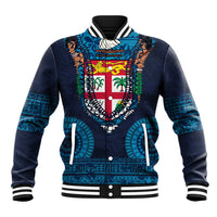 Fiji Coat of Arms Traditional Dashiki Baseball Jacket Tapa Art and Palm Leaves Pattern Dark Navy Color LT03 Unisex Navy - Polynesian Pride