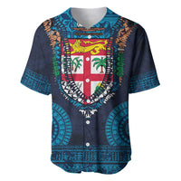 Fiji Coat of Arms Traditional Dashiki Baseball Jersey Tapa Art and Palm Leaves Pattern Dark Navy Color - Polynesian Pride
