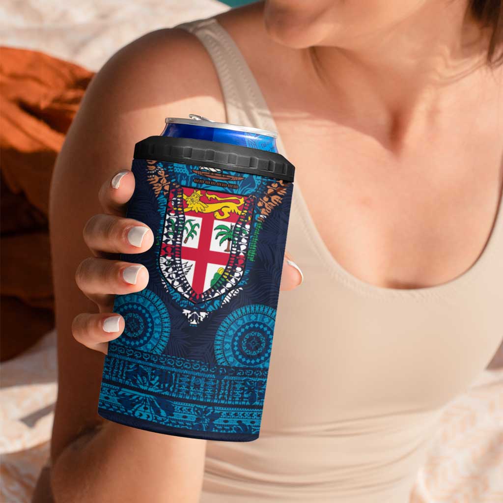 Fiji Coat of Arms Traditional Dashiki 4 in 1 Can Cooler Tumbler Tapa Art and Palm Leaves Pattern Dark Navy Color - Polynesian Pride