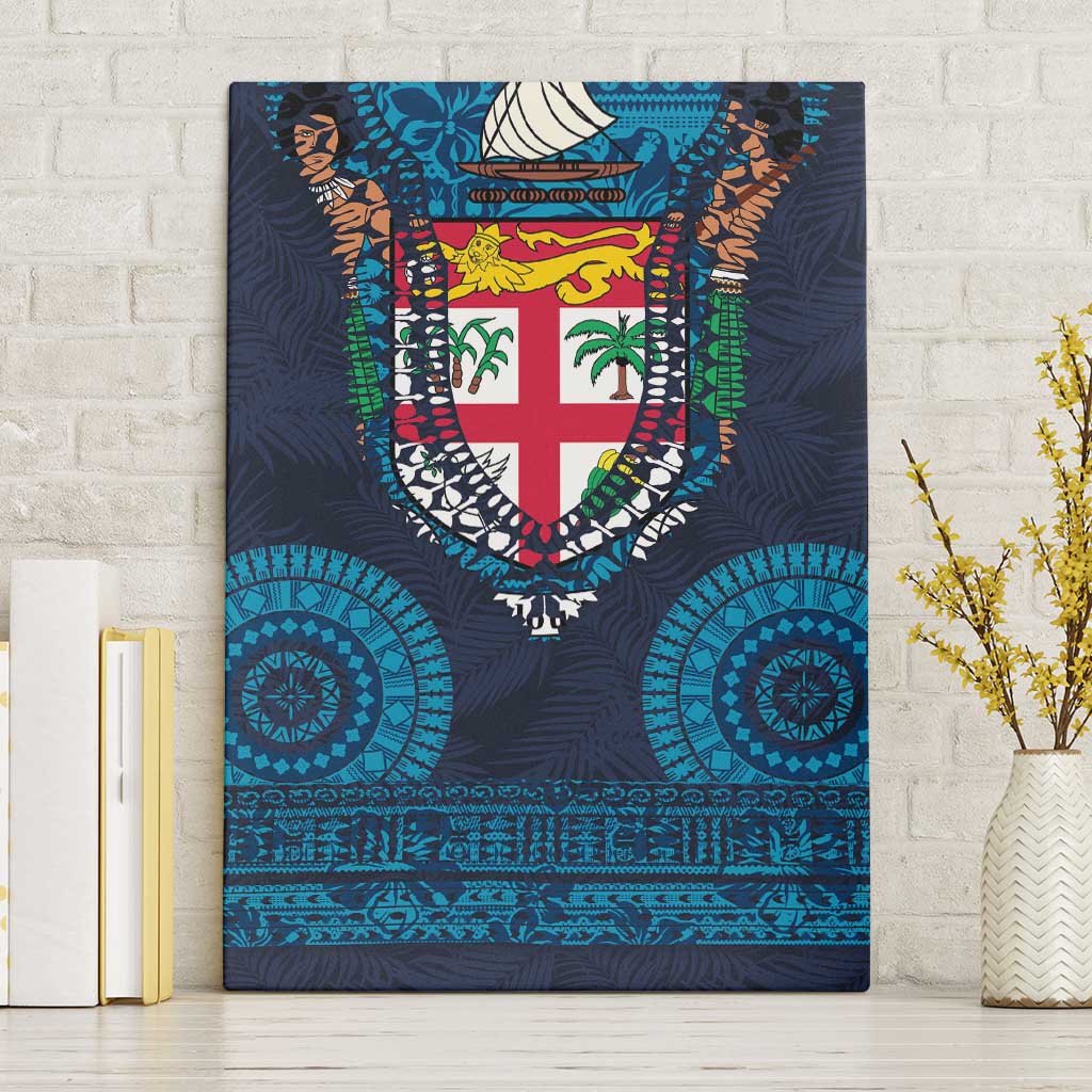 Fiji Coat of Arms Traditional Dashiki Canvas Wall Art Tapa Art and Palm Leaves Pattern Dark Navy Color - Polynesian Pride