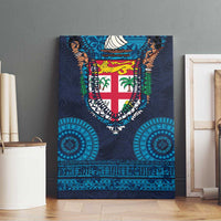 Fiji Coat of Arms Traditional Dashiki Canvas Wall Art Tapa Art and Palm Leaves Pattern Dark Navy Color - Polynesian Pride
