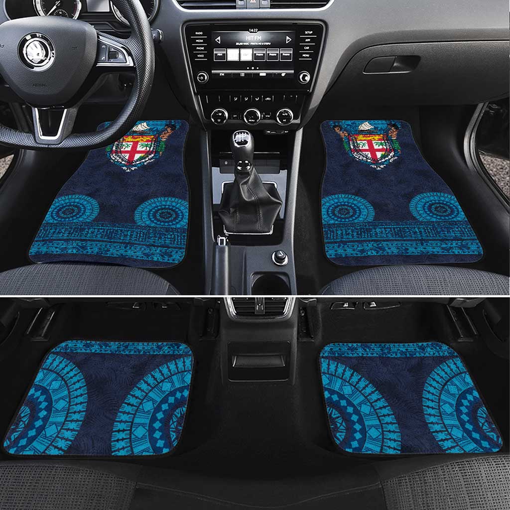 Fiji Coat of Arms Traditional Dashiki Car Mats Tapa Art and Palm Leaves Pattern Dark Navy Color - Polynesian Pride