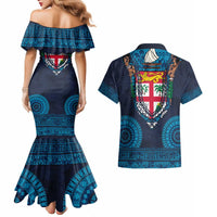 Fiji Coat of Arms Traditional Dashiki Couples Matching Mermaid Dress and Hawaiian Shirt Tapa Art and Palm Leaves Pattern Dark Navy Color - Polynesian Pride