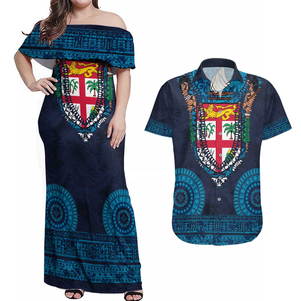Fiji Coat of Arms Traditional Dashiki Couples Matching Off Shoulder Maxi Dress and Hawaiian Shirt Tapa Art and Palm Leaves Pattern Dark Navy Color - Polynesian Pride