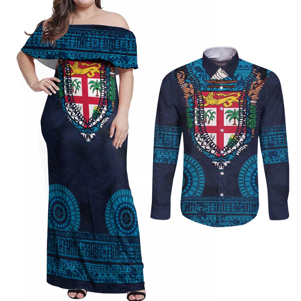 Fiji Coat of Arms Traditional Dashiki Couples Matching Off Shoulder Maxi Dress and Long Sleeve Button Shirt Tapa Art and Palm Leaves Pattern Dark Navy Color - Polynesian Pride