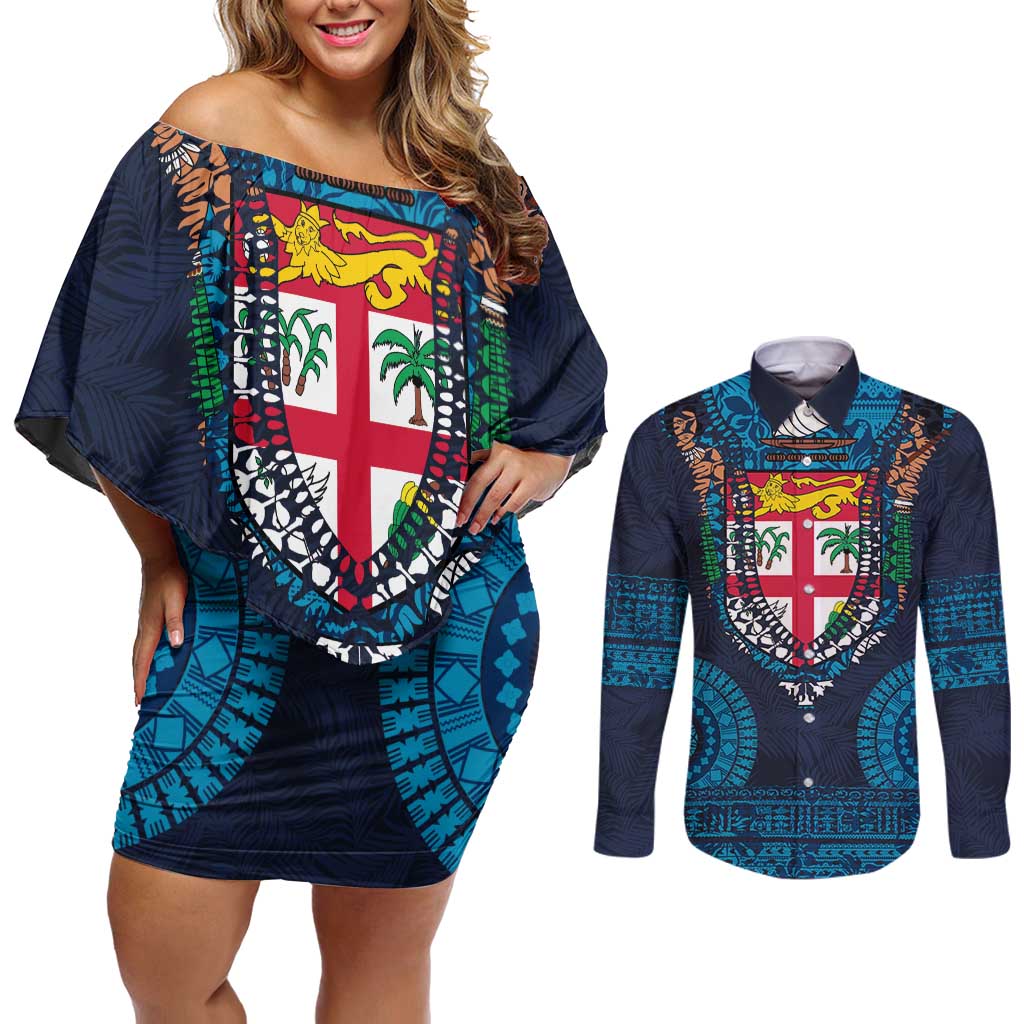 Fiji Coat of Arms Traditional Dashiki Couples Matching Off Shoulder Short Dress and Long Sleeve Button Shirt Tapa Art and Palm Leaves Pattern Dark Navy Color - Polynesian Pride