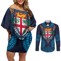 Fiji Coat of Arms Traditional Dashiki Couples Matching Off Shoulder Short Dress and Long Sleeve Button Shirt Tapa Art and Palm Leaves Pattern Dark Navy Color - Polynesian Pride