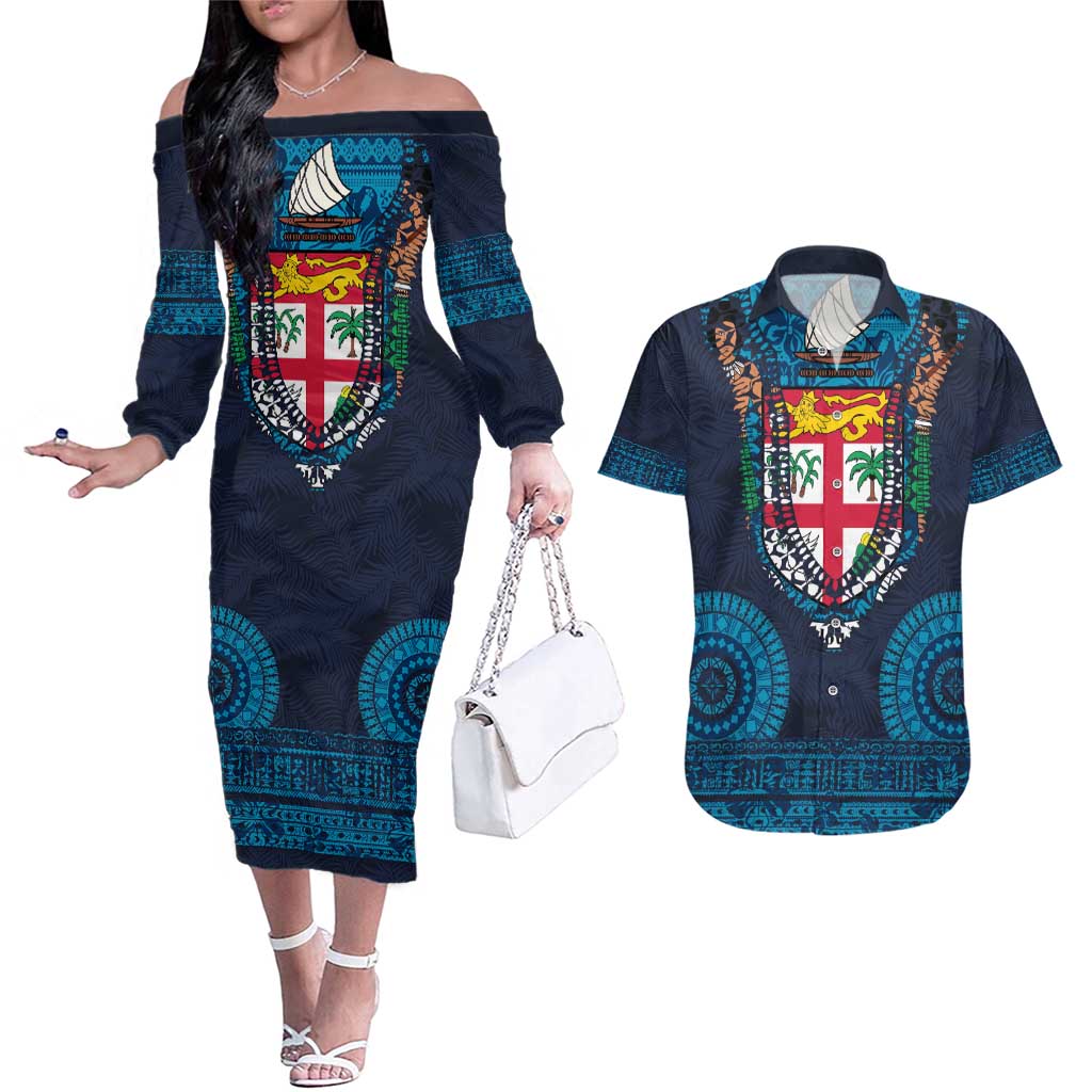 Fiji Coat of Arms Traditional Dashiki Couples Matching Off The Shoulder Long Sleeve Dress and Hawaiian Shirt Tapa Art and Palm Leaves Pattern Dark Navy Color - Polynesian Pride