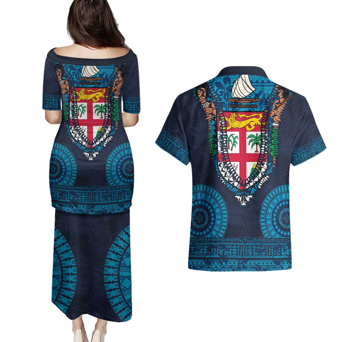 Fiji Coat of Arms Traditional Dashiki Couples Matching Puletasi and Hawaiian Shirt Tapa Art and Palm Leaves Pattern Dark Navy Color - Polynesian Pride
