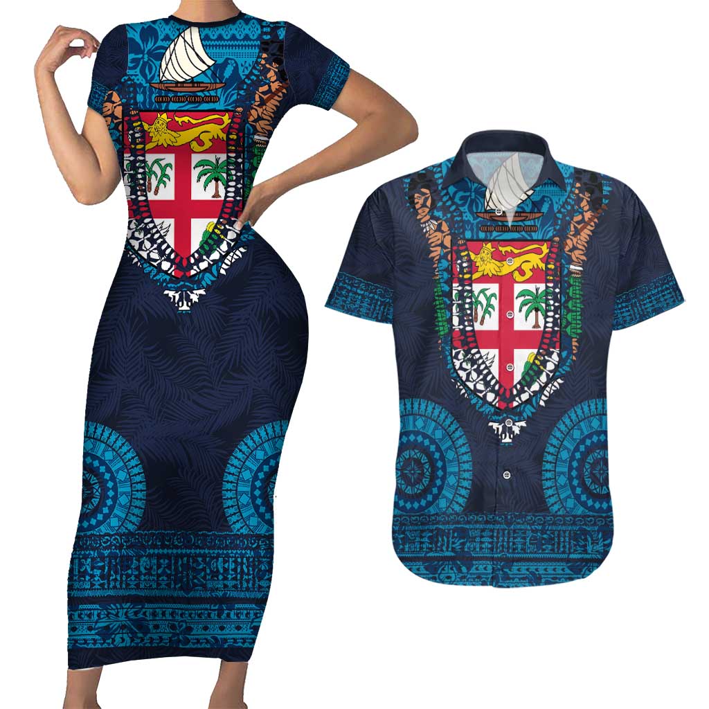Fiji Coat of Arms Traditional Dashiki Couples Matching Short Sleeve Bodycon Dress and Hawaiian Shirt Tapa Art and Palm Leaves Pattern Dark Navy Color - Polynesian Pride