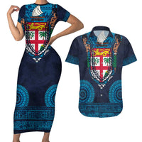 Fiji Coat of Arms Traditional Dashiki Couples Matching Short Sleeve Bodycon Dress and Hawaiian Shirt Tapa Art and Palm Leaves Pattern Dark Navy Color - Polynesian Pride