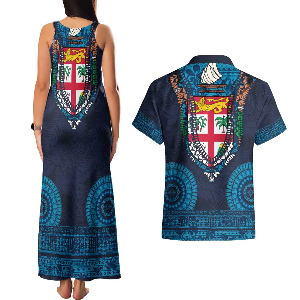 Fiji Coat of Arms Traditional Dashiki Couples Matching Tank Maxi Dress and Hawaiian Shirt Tapa Art and Palm Leaves Pattern Dark Navy Color - Polynesian Pride