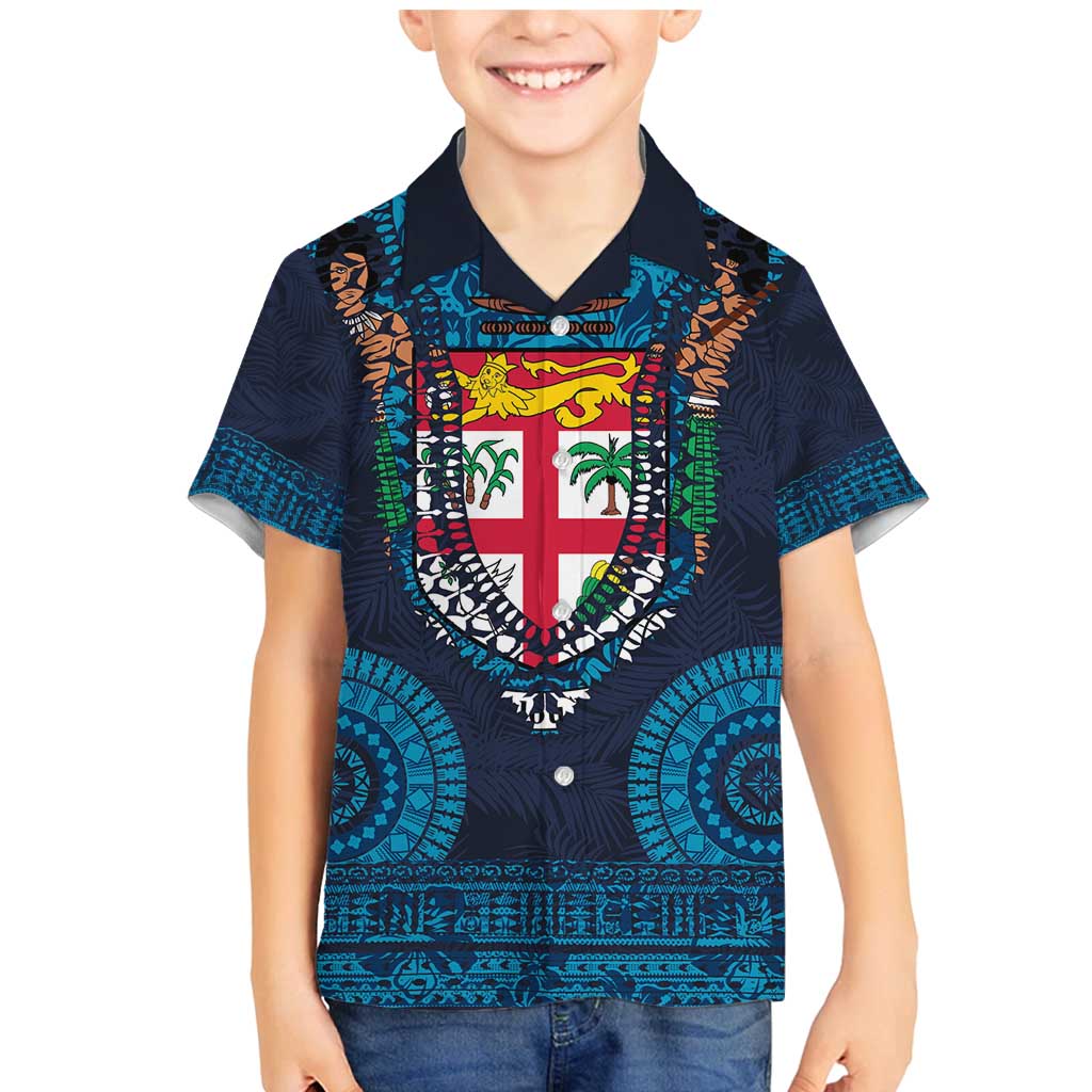 Fiji Coat of Arms Traditional Dashiki Family Matching Mermaid Dress and Hawaiian Shirt Tapa Art and Palm Leaves Pattern Dark Navy Color - Polynesian Pride