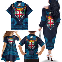 Fiji Coat of Arms Traditional Dashiki Family Matching Off The Shoulder Long Sleeve Dress and Hawaiian Shirt Tapa Art and Palm Leaves Pattern Dark Navy Color - Polynesian Pride