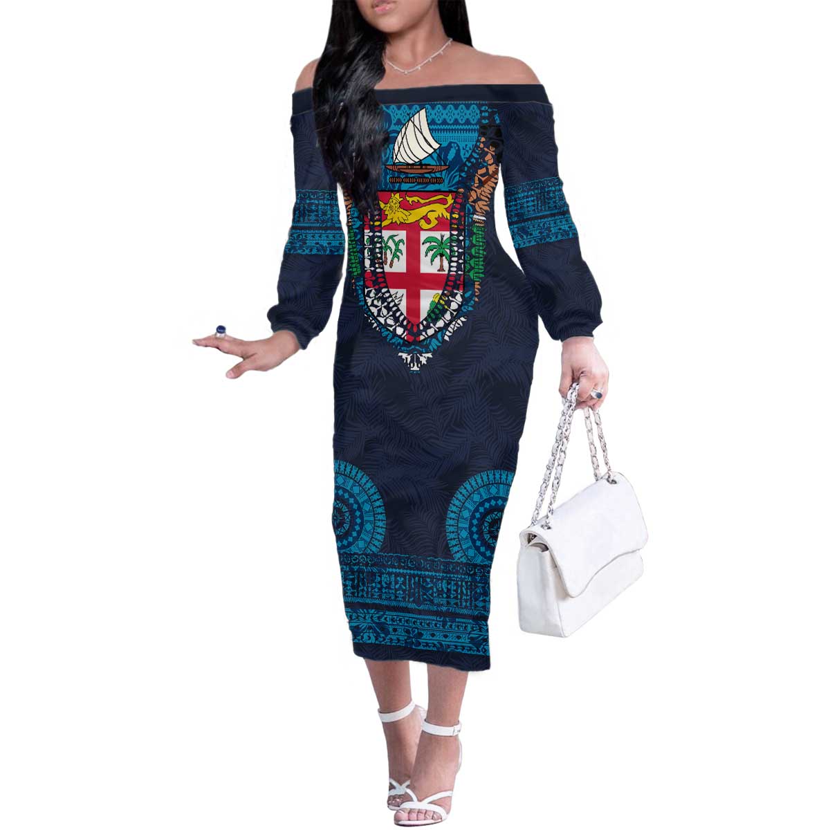 Fiji Coat of Arms Traditional Dashiki Family Matching Off The Shoulder Long Sleeve Dress and Hawaiian Shirt Tapa Art and Palm Leaves Pattern Dark Navy Color - Polynesian Pride