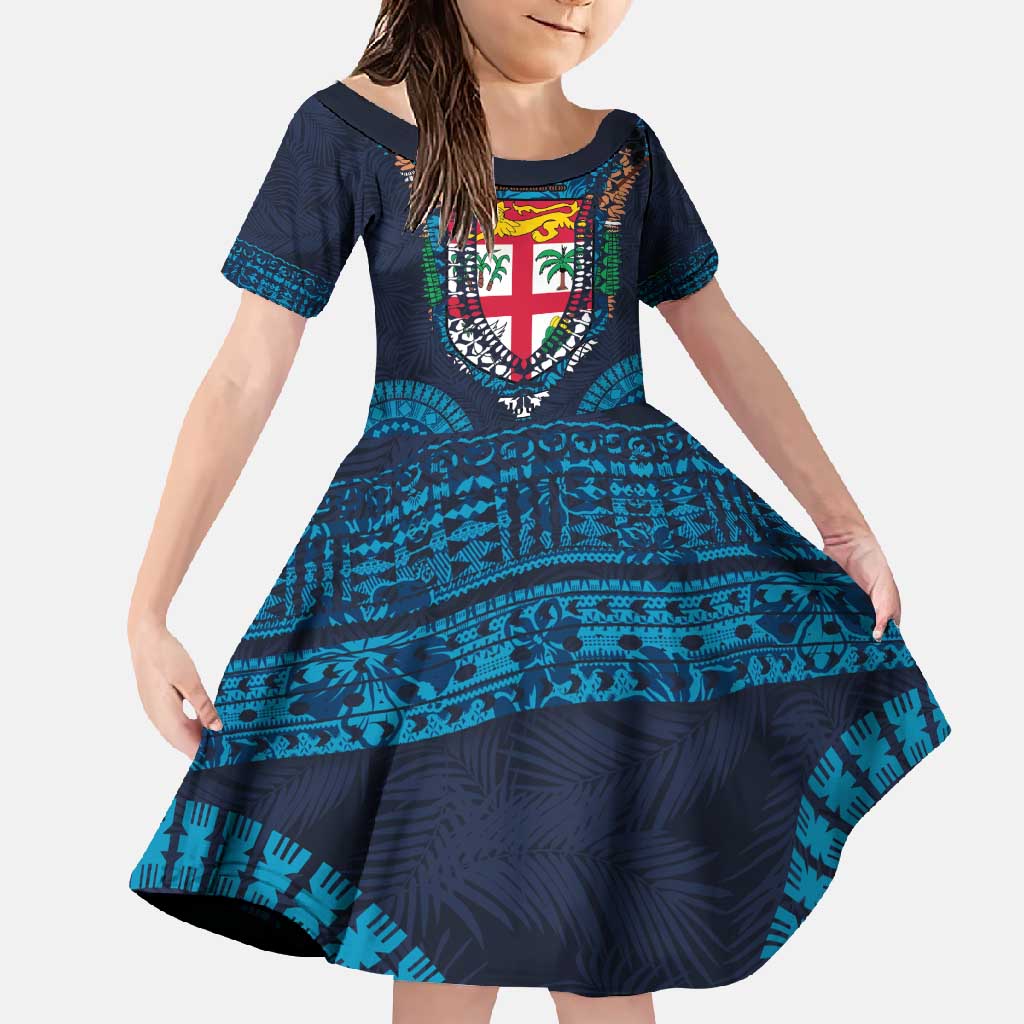 Fiji Coat of Arms Traditional Dashiki Family Matching Off Shoulder Maxi Dress and Hawaiian Shirt Tapa Art and Palm Leaves Pattern Dark Navy Color - Polynesian Pride