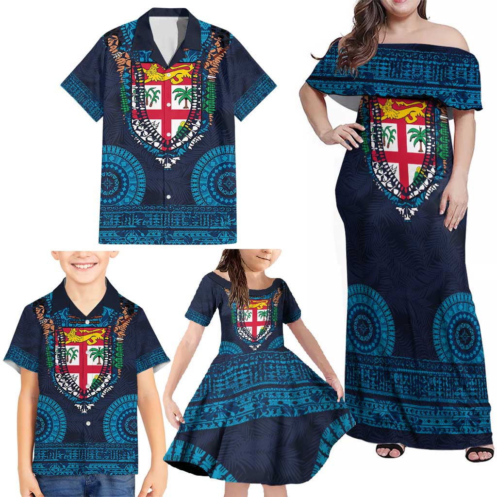 Fiji Coat of Arms Traditional Dashiki Family Matching Off Shoulder Maxi Dress and Hawaiian Shirt Tapa Art and Palm Leaves Pattern Dark Navy Color - Polynesian Pride