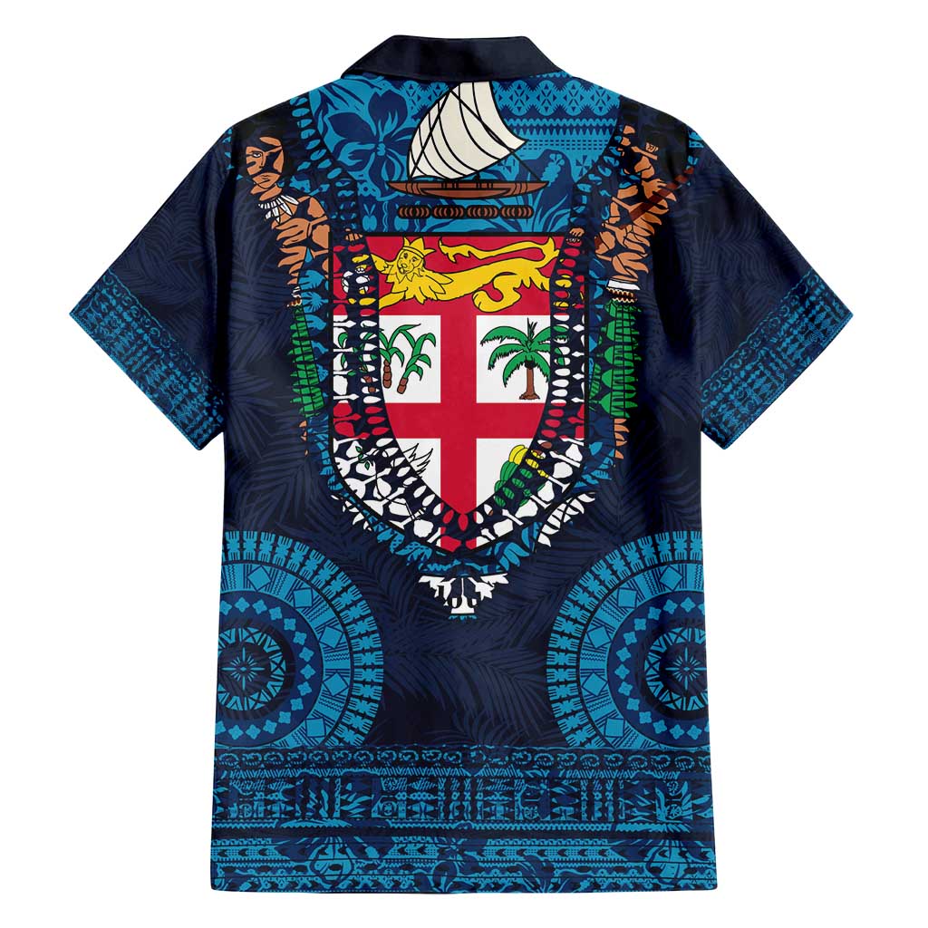 Fiji Coat of Arms Traditional Dashiki Family Matching Off Shoulder Maxi Dress and Hawaiian Shirt Tapa Art and Palm Leaves Pattern Dark Navy Color - Polynesian Pride