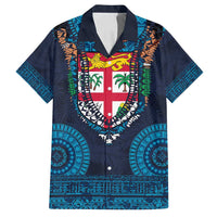 Fiji Coat of Arms Traditional Dashiki Family Matching Off Shoulder Short Dress and Hawaiian Shirt Tapa Art and Palm Leaves Pattern Dark Navy Color - Polynesian Pride