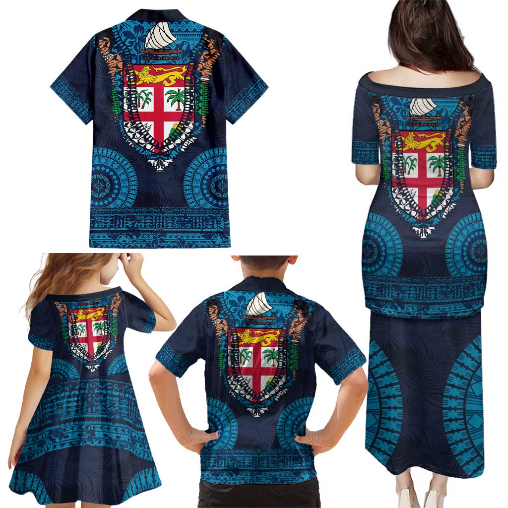 Fiji Coat of Arms Traditional Dashiki Family Matching Puletasi and Hawaiian Shirt Tapa Art and Palm Leaves Pattern Dark Navy Color - Polynesian Pride