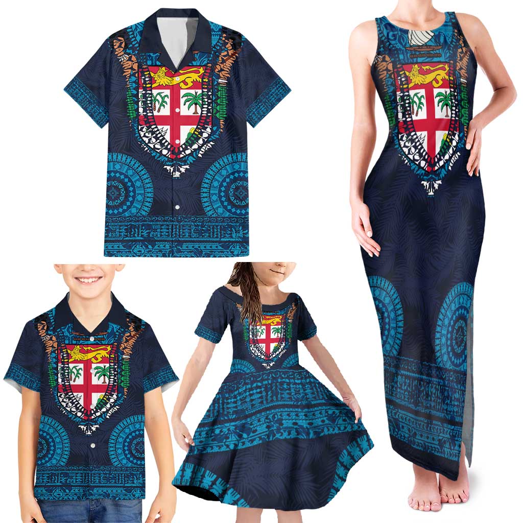 Fiji Coat of Arms Traditional Dashiki Family Matching Tank Maxi Dress and Hawaiian Shirt Tapa Art and Palm Leaves Pattern Dark Navy Color LT03 - Polynesian Pride